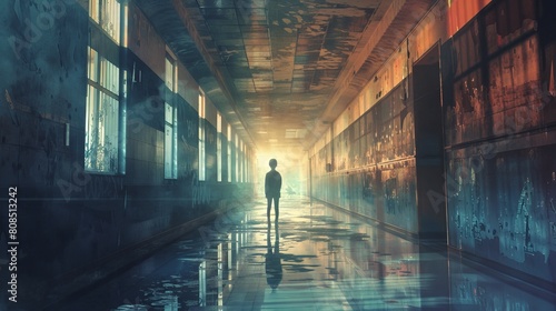 Lonely Boy in Empty School Hallway - Digital Art Design, Generative AI