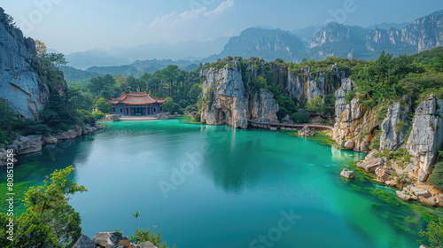  The sunrise over Lijiang Shilin stone forest is picturesque, with the jade green waters of Dabie Lake at its center. Created with Ai