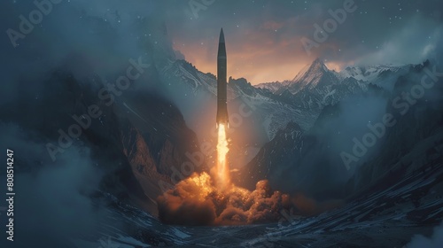 Dramatic depiction of a secret mountain base at dusk, a hypersonic missile ignites, fierce flames and thick smoke against a stark mountain backdrop