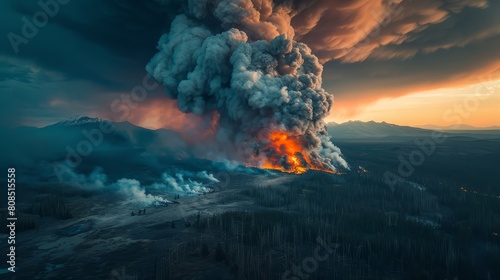 Massive smoke clouds rise from a devastating forest fire in a remote area