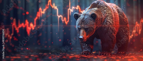 Stock market challenge visualized by a bear with falling market indicators