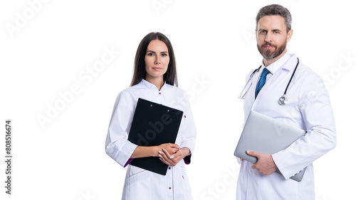 doctor at hospital. two doctor hold medical prescription. doctor and nurse with clipboard isolated on white. professional physician with internist. medicine and healthcare. copy space advertisement