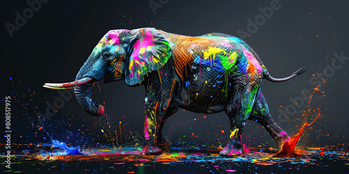 Painted splash on Elephant Standing in Front of Mural Wall Color Paint Painted Elephant In Colorful On A Dark Background