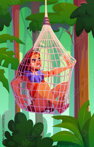 Lonely human slavery in rope net. Prison trap for woman. High trapped angry victim for isolation in tropic amazon jungle woods environment. Hunting problem for female character in wild forest scene