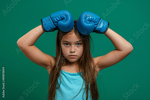 a young girl wearing blue boxing gloves