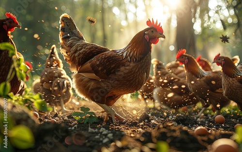 A flock of freerange hens scratching in the dirt and pecking at grains on a sunny farmyard
