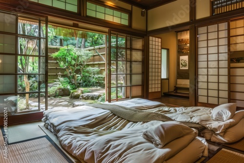 A traditional Japanese guest room with a raised tatami platform, futon bedding, and sliding doors opening onto a private garden, ideal for, Generative AI