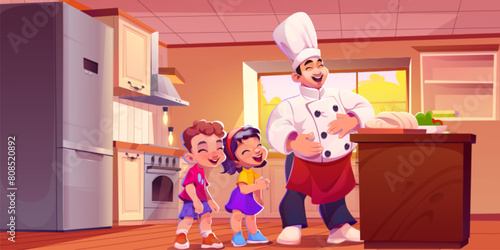 Chef in uniform and hat with two little kids laughing on kitchen. Cartoon vector illustration of Asian man cooker master and children boy and girl standing on restaurant professional cuisine.