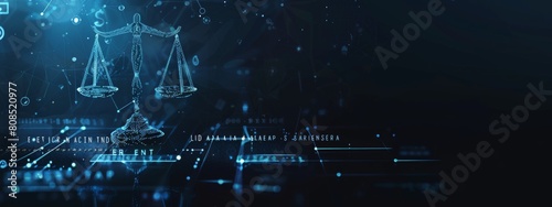 A futuristic and high-tech background with digital scales, law icons and symbols representing the concept of AI extracting data from court documents for knowledge virtualization.