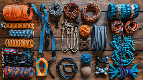 Extensive collection of pet supplies neatly arranged on a wooden surface, featuring colorful dog leashes, chew toys, and training gear