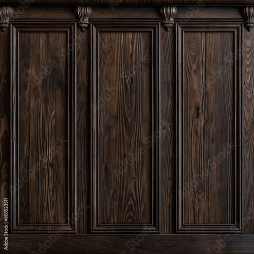 Close-up of an old wooden paneled wall with dark brown woodgrain. The wall has a classic design with ornate moldings and paneling. The wall is textured and has a few nicks and scratches 