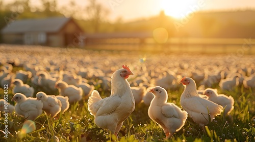 A large, modern chicken farm with thousands of chickens in the background under bright sunlight. 
