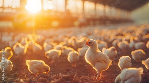 A large, modern chicken farm with thousands of chickens in the background under bright sunlight. 