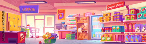 Supermarket interior with products on shelves and in refrigerators, cashier desk and basket full of groceries. Cartoon vector illustration of empty retail shop building inside with fresh goods.