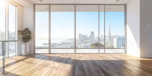 empty room with large windows on cityscape background
