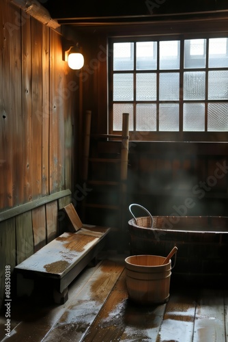 An empty Japanese bathhouse with a deep soaking tub, wooden stool, and bucket for rinsing, offering a serene space for relaxation, Generative AI