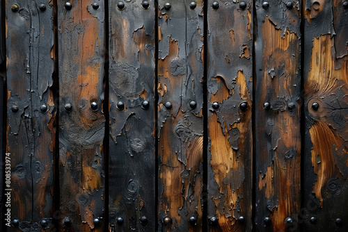 Dark brown wooden background with black metal plates, in the style of medieval door texture. Created with Ai