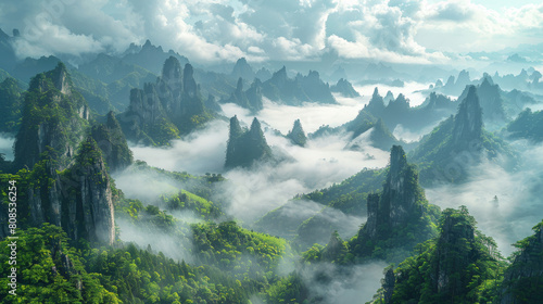 Hazy clouds cover the green mountains, in the style of Chinese style. Created with Ai