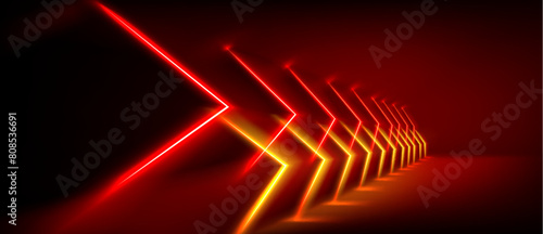 Abstract red neon light arrow speed background. Futuristic glow tech gamer graphic for banner. Fast move cyber casino design with yellow led beam. 3d triangle perspective dynamic digital party bg.