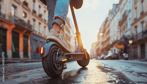 A person is riding a scooter down a city street by AI generated image