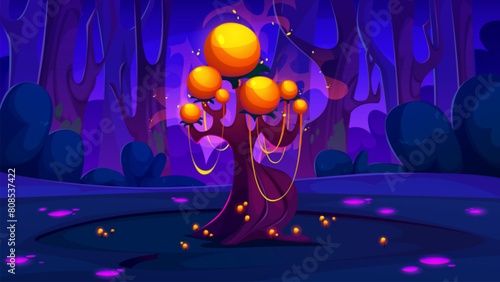 Fantasy forest with magic tree landscape cartoon background. Scary alien world and nature at night illustration. Fairy tale fantastic wonderland environment and spooky garden. Beautiful mystery land