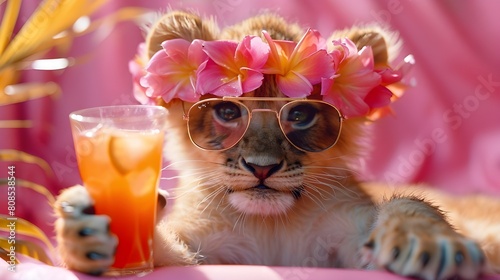 Creative wild animal concept. Colorful animal illustration. Cute lion cub chilling at swimming pool, wearing hawaiian flower wreath sunglasses cocktail, cool hipster on summer holiday.