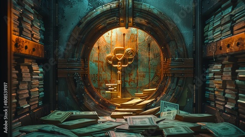 A dark, mysterious vault. Stacks of cash are illuminated by a single light source. The vault door is open. A golden key rests in the center of the doorway.