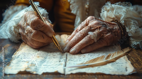A closeup of an old woman writing a letter with a quill pen. The woman is wearing a black dress with a white collar. The background is out of focus and is slightly blurred.
