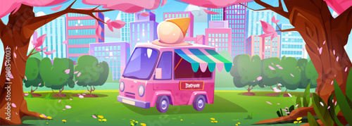 Ice cream truck in spring city park. Vector cartoon illustration of mobile cafe vehicle selling street food, green park with pink sakura trees and color flowers, modern skyscrapers, blue sunny sky
