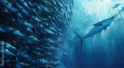 A blue marlin chasing sardines in the ocean, underwater photography