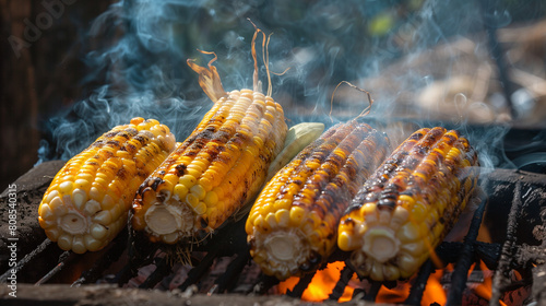 Fresh sweet corn roasted over hot coals, puffs of smoke enrich the aroma and taste, Ai generated Images