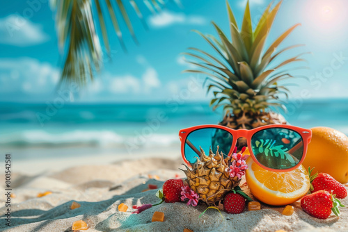 A beach scene with a red pair of sunglasses, a pineapple, an orange, and a bunch of strawberries