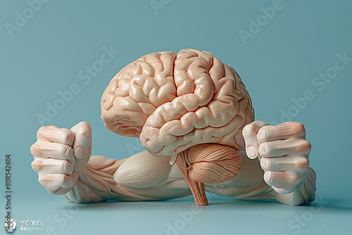 A human brain with arms and legs, flexing its muscles like bodybuilders. The scene is set against an isolated pastel blue background.