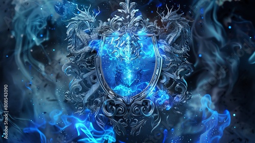  Drawing illustration of a coat of arms surrounded by a silver frame with magical elements, inside a transparent glass dragon with dark eye caves spitting blue fire surrounded by blue flames