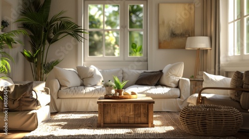 High-resolution 3D rendering of a Scandinavian living room with a simplistic cubic wooden coffee table, nestled between a white sofa and armchairs in soft, ambient light.