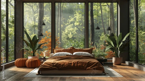High-resolution 3D rendering of a Scandinavian bedroom that fuses modernity with nature, featuring a black window that overlooks a vibrant, leafy forest.