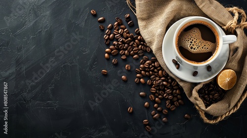 Background of a cup of coffee and coffee beans