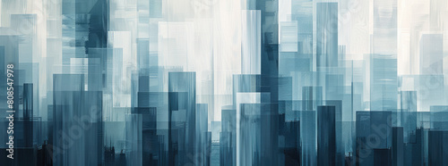 Abstract interpretation of a city skyline using minimalist blocks of color in shades of cool blues and grays, suitable for a modern office or loft space