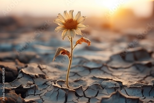 Lone Sunflower Rising Amid Cracked Field. Generative AI