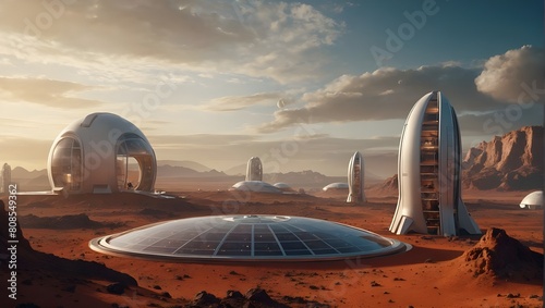 This image depicts a futuristic Mars colony with domed habitats and solar panels, suggesting advanced extraterrestrial human settlement in a desert landscape.