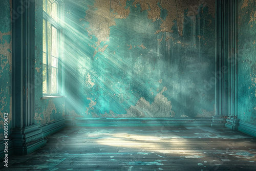 Warmth and vintage elegance fill a faded teal room under gentle sun rays.