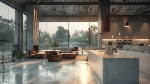 Elegant minimalist industrial kitchen room, modern architecture. Generative AI.
