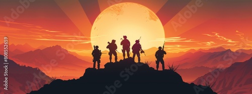 Silhouette of soldiers standing on the top of a mountain with weapons against a sunrise sky background, vector illustration. 