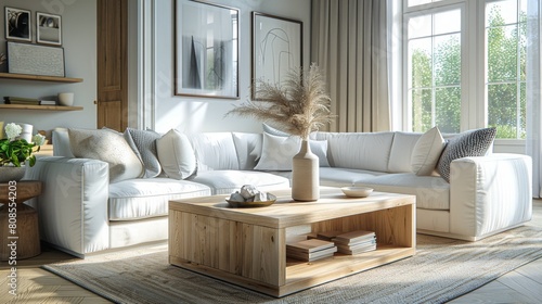 Detailed 3D illustration of a sophisticated living room with a cubic wooden coffee table and elegant white sofa set, in a tranquil light setting.