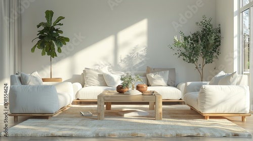 Detailed 3D illustration of a Scandinavian living room, the cubic wooden coffee table set between a white sofa and armchairs, in a crisp, clean light setting.