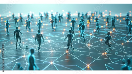 A group of people are shown in a network of lines, with some of them holding soccer balls. Concept of movement and activity, as if the people are playing a game or participating in a virtual event