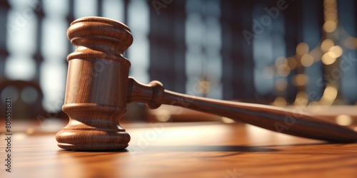 A wooden gavel sits on a wooden table. The gavel is a symbol of authority and power, and it is often used in courtrooms to signify the judge's authority. Concept of seriousness and formality