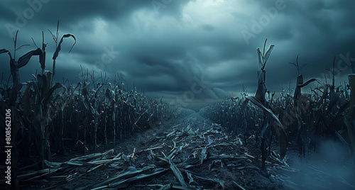 A dark creepy corn field with dying stalks, a ripped up scarecrow with a frown is seen in the distance, the sky is a dark blue color and very cloudy. Generative AI.