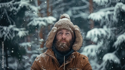 A bearded man wearing a warm winter hat and earmuffs stands in the middle of a forest with trees covered with white snow.
