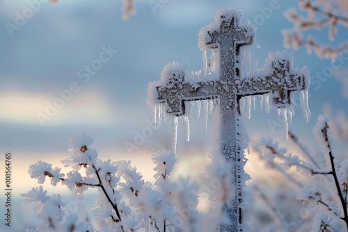 Winter scene of a small cross wrought with frosted branches and icicles hanging in delicate crystal formations, set against a sky of frosty breath clouds